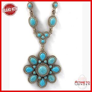 Large Turquoise Stone Flower Statement Necklace 16" Chain Adjustable
